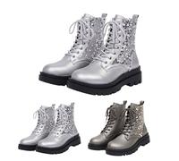 Women's Lace-Up Leather Ankle Boots Elegant Glitter Platform Boots | Round Toe Ankle Boots Patent Combat Boots Ankle High Combat Boots Sequin Short Shaft Boots For Party