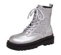 Women's Lace-Up Leather Ankle Boots Glitter Platform Combat Boots | Abrasion-resistant combat boots with non-slip sole, round toe ankle boots, short shaft, plus size biker boots for everyday