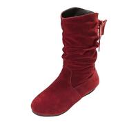 Women's Lace-Up Mid-Calf Boots Soft Leather Flat Ankle Boots Red