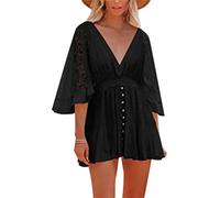 GETMINT Women's Lace V Neck Mini Dresses Batwing Sleeve Backless Crochet Ruffle Mini Stylish Lace Crochet Short Skirt (Black,Large)