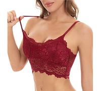 Women's Lace V Neck Padded Seamless Bralette Ladies Supportive One Piece Bandeau Top Lace Wireless Crop Top Camisole Bra Red