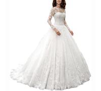 Women's Lace Wedding Dresses for Bride Prom Dress A-line Satin Off Shoulder Sleeve Bridal Gown Formal Wedding Ball Dresses (UK, Numeric, 18, Regular, Regular, Off White)