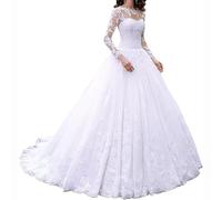 Women's Lace Wedding Dresses for Bride Prom Dress A-line Satin Off Shoulder Sleeve Bridal Gown Formal Wedding Ball Dresses (UK, Numeric, 16, Regular, Regular, White)