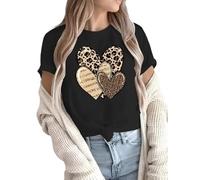Womens Ladies 3 Leopard Love Heart Print Tees Shirt Crewneck Short Sleeve Tops (Black Leopard Hearts, 8)