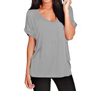 WOMENS LADIES BAGGY LOOSE FIT V NECK TURN UP SHORT SLEEVE TOP T SHIRTS 8-26 (20-22, SILVER GREY)