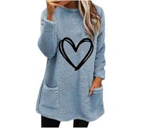 Women's Ladies Casual Oversized Teddy Plush Fleece Sweatshirt UK Autumn Winter Warm Cosy Longline Long Sleeve Round-Neck Pullover with Pockets Hearts Print Tops Size 8-18 (#03 Blue, 3XL)