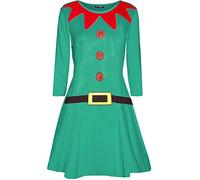 Womens Ladies Christmas Xmas Elf Santa's Little Helper Belt Costume Swing Dress Green