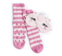 Womens Ladies Cosy Socks with Matching Eye Mask Soft Brushed Grippers Bed Loungewear Animals (Pink Unicorn Eye Mask and Socks)