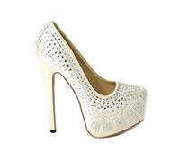 Womens Ladies Diamante Stiletto High Heel Closed Toe Pumps Concealed Platform Bridal Wedding Party Slip On Court Shoes Size 3 Off White 5741