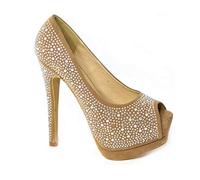 Womens Ladies Diamante Stiletto High Heel Peep Toe Pumps Concealed Platform Gold Bridal Wedding Party Slip On Court Shoes Size 7 Nude 6626-1D