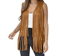 Womens Ladies Faux Suede Leather Fringe Vest Sleeveless Open Front Plain Casual Tassel Jackets Western Cowgirl Waistcoat Streetwear Outerwear Tops Hippie 70s Fancy Dress Costumes