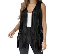 Womens Ladies Faux Suede Leather Fringe Vest Sleeveless Open Front Plain Casual Tassel Jackets Western Cowgirl Waistcoat Streetwear Outerwear Tops Hippie 70s Fancy Dress Costumes Festival Clothes