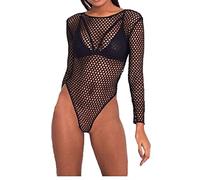 Women's Ladies Fishnet Mesh Long Sleeve Fancy Bodysuit Leotard Top UK Size 8-26