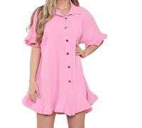 Women's Ladies Gold Button Pleated Frill Summer Shirt Swing Smock Mini Dress Top (Baby Pink, One Size 10-18)