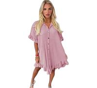 Women's Ladies Gold Button Pleated Frill Summer Shirt Swing Smock Mini Dress Top (Dusty Pink, One Size 10-18)
