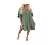 Women's Ladies Gold Button Pleated Frill Summer Shirt Swing Smock Mini Dress Top (Khaki, One Size 10-18)