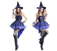 Womens Ladies Halloween Costume Halloween Dress Up S0e0xy Gothic Witch Immortal Soul Fancy Dress with Hat Glove and Bow Costume Puff Sleeves Elegant Cosplay Medieval Role Play Clothing (Purple, XL)