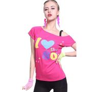 Womens Ladies I Love The 80s T-Shirt Short Sleeves Off Shoulder Bardot Retro Pop Star Party Neon Tees Tank Top (Pink, -26)
