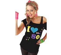 Womens Ladies I Love The 80s T-Shirt Short Sleeves Off Shoulder Bardot Retro Pop Star Party Neon Tees Tank Top (Black, -14)