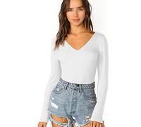 Women's Ladies Long Sleeve V Neck Basic Top Jersey Plain Stretchy Slim Fit Casual Wear T-Shirt Tee Tops 16-18 White
