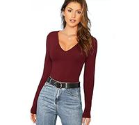 Women's Ladies Long Sleeve V Neck Basic Top Jersey Plain Stretchy Slim Fit Casual Wear T-Shirt Tee Tops 16-18 Wine