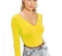 Women's Ladies Long Sleeve V Neck Basic Top Jersey Plain Stretchy Slim Fit Casual Wear T-Shirt Tee Tops 20-22 Mustard
