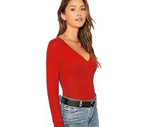 Women's Ladies Long Sleeve V Neck Basic Top Jersey Plain Stretchy Slim Fit Casual Wear T-Shirt Tee Tops 20-22 Red