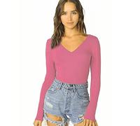 Women's Ladies Long Sleeve V Neck Basic Top Jersey Plain Stretchy Slim Fit Casual Wear T-Shirt Tee Tops 20-22 Coral
