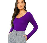 Women's Ladies Long Sleeve V Neck Basic Top Jersey Plain Stretchy Slim Fit Casual Wear T-Shirt Tee Tops 16-18 Purple