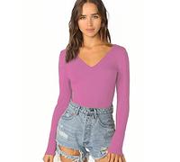 Women's Ladies Long Sleeve V Neck Basic Top Jersey Plain Stretchy Slim Fit Casual Wear T-Shirt Tee Tops 8-10 Pink