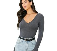 Women's Ladies Long Sleeve V Neck Basic Top Jersey Plain Stretchy Slim Fit Casual Wear T-Shirt Tee Tops 16-18 Charcoal