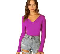 Women's Ladies Long Sleeve V Neck Basic Top Jersey Plain Stretchy Slim Fit Casual Wear T-Shirt Tee Tops 16-18