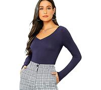 Women's Ladies Long Sleeve V Neck Basic Top Jersey Plain Stretchy Slim Fit Casual Wear T-Shirt Tee Tops 16-18 Navy