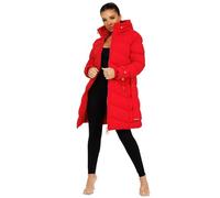 Women's Ladies Longline Padded Zipped Puffer Gold Button Details Hood And Waist Belt Winter Chunky Thick Outdoor Trench Coat Jacket Red UK Size L/12