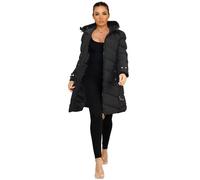 Women's Ladies Longline Padded Zipped Puffer Gold Button Details Hood And Waist Belt Winter Chunky Thick Outdoor Trench Coat Jacket Black UK Size M/10