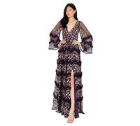 Women's Ladies Maxi Dress V Neckline Sequin with Ruffle Empire Waist Slit Split for Prom Ball Bridesmaid Wedding Guest, Berry, 18