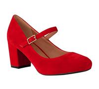 Womens Ladies MID Block Heel Mary Jane Office Work Formal Strap Dolly Shoes Size Red Faux Suede
