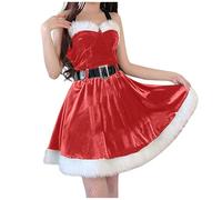 Womens Ladies Miss Santa Christmas Costume,Santa Dress Up Costume Fancy Outfit Velvet Layered Mash Hem Hooded Tutu Xmas Costumes Adult Dress Strapless Chemise (1#Red,One Size)