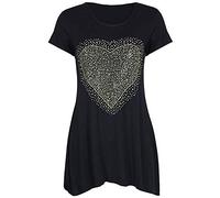Womens Ladies New Front Diamante Heart Short Sleeve Scoop Neck Long T-Shirt Black Uneven Hem Top Plus Size Size 26-28