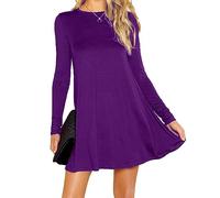 Womens Ladies Party Dresses for Women UK Long Sleeve Midi Plain Flared A line Skater Swing Dress Jersey Tee Plus Size Dress Summer Winter Purple 12-14