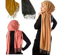 Womens Ladies Pearl Fringed Scarf Pashmina Hijab Shawl Maxi Wrap Head Scarf Beaded Wrap (Grey)