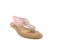 Womens Ladies Pink/Silver Flat Toe Post T-Bar Diamante Beaded Slingback Elasticated Strap Sandals - Pink/Silver, UK 4