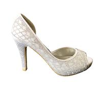 Womens Ladies Platform Wedding Diamante Prom Mid Heel Bridal Slip On Peep Toe Side Cut Court Shoes Size 8 576-76 Silver