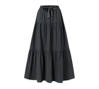 Womens Ladies Pleated Skirts Elasticated Waist Drawstring Long Maxi Skirt Relaxed Fit Petite Plus Size Flowy Swing A Line Holiday Casual Beach Party Summer Tiered Skirts S-XXL