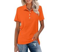 Womens Ladies Polo Shirts, Ladies Lady-Fit Summer Short Sleeve Button Down Lapel Collar Solid Cotton Golf Polo Shirts for Women Orange