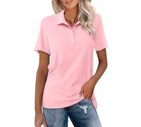 Womens Ladies Polo Shirts, Ladies Lady-Fit Summer Short Sleeve Button Down Lapel Collar Solid Cotton Golf Polo Shirts for Women Pink