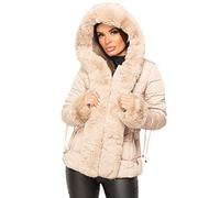 Womens Ladies Quilted Padded Side Buckle Belted Bubble Faux Fur Trim Collar Hooded Thick Puffer Winter Outerwear Parka Coat Jacket Beige UK Size XL-14