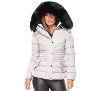 Womens Ladies Quilted Puffer Bubble Padded Chunky Faux Fur Hooded Belted Warm Winter Thick Heavy Parka Down Bomber Jacket Coat Grey UK Size L/12