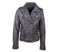 Womens Ladies Real Soft Leather Racing Style Biker Jacket Grey