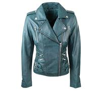 Womens Ladies Real Soft Leather Racing Style Biker Jacket Teal-Green